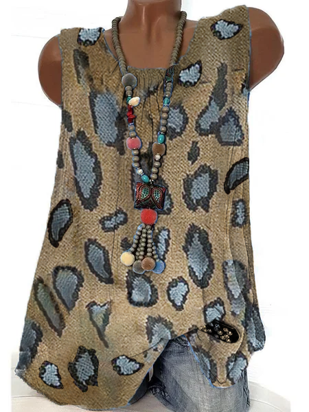Loose Crew Neck Leopard Cotton-Blend Tanks & Camis
