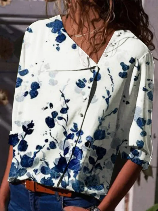 Floral Shawl Collar Regular Fit Casual Blouses