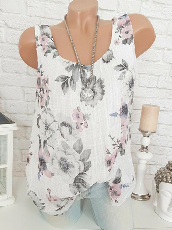 Printed Cotton-Blend Loose Vacation Tank & Cami