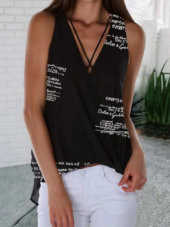 Letter Sleeveless  Printed  Polyester V neck  Casual  Summer  Black Top