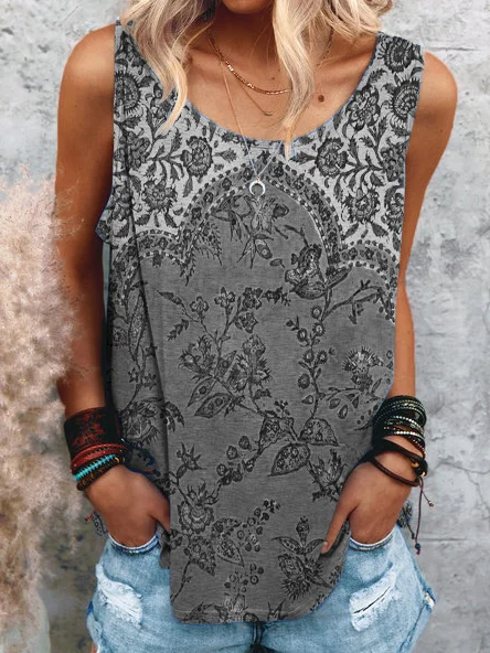 Cotton Boho Crew Neck Tanks & Camis