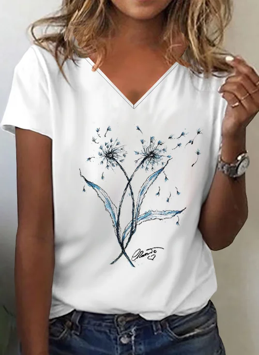 Cotton Blends V Neck Loosen Dandelion T-Shirts