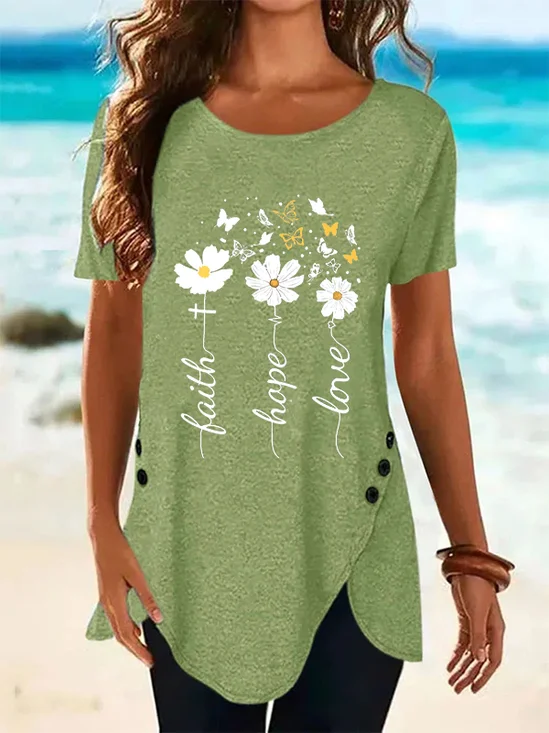 Casual Crew Neck Floral T-Shirts