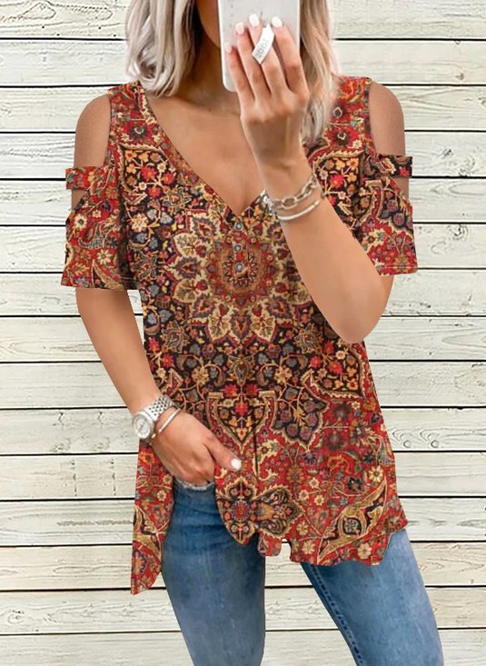 Cotton Blends Printed V Neck T-Shirts