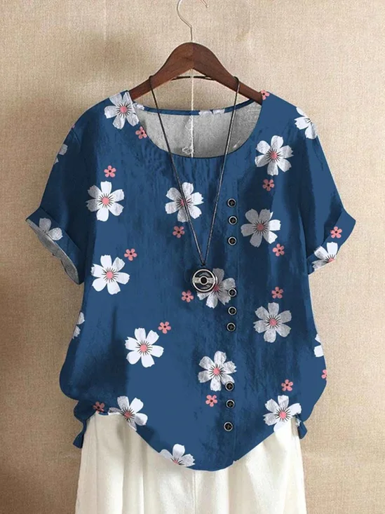 Floral Round Neck Buttoned Loosen Tops