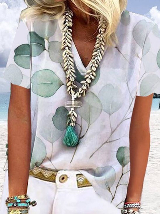 V Neck Leaves Regular Fit Tops