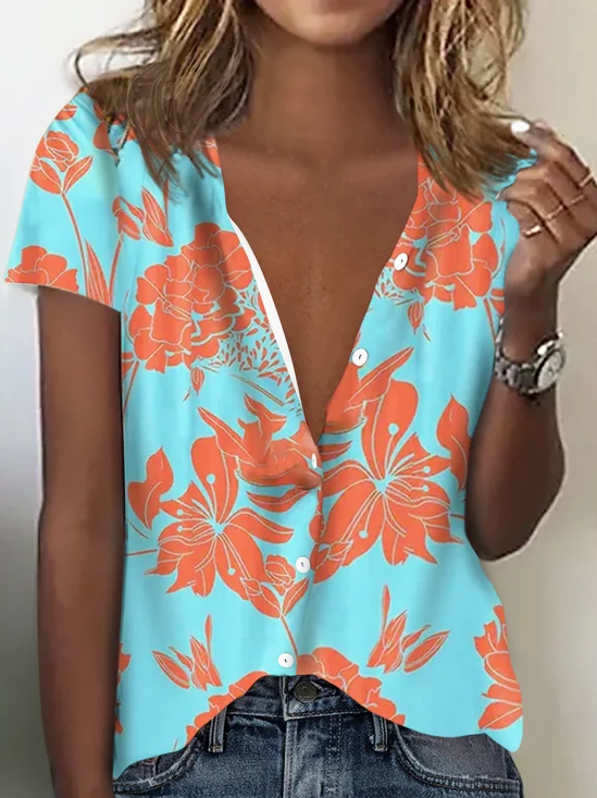 Stand Collar Floral Loose Blouses