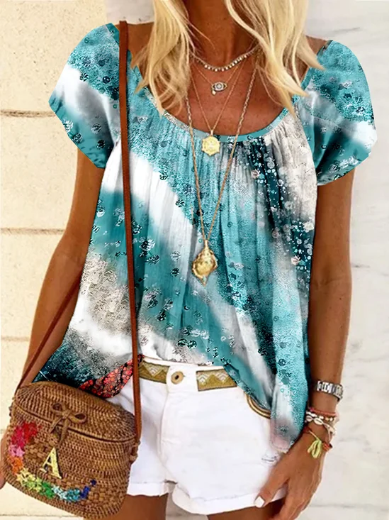 Abstract Ombre Printed Casual Loose Crew Neck Blouses