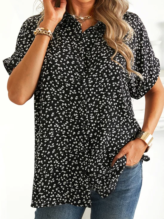 Floral Cotton Shirt Collar Vacation Blouses