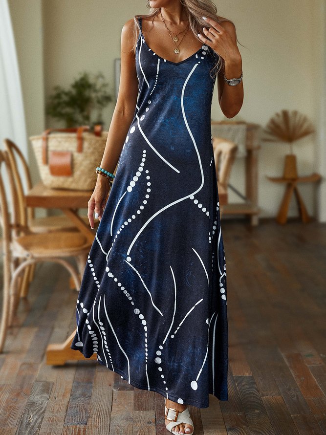 Geometric Casual Summer Spaghetti Micro-Elasticity Loose Long Sleeveless A-Line Dresses for Women