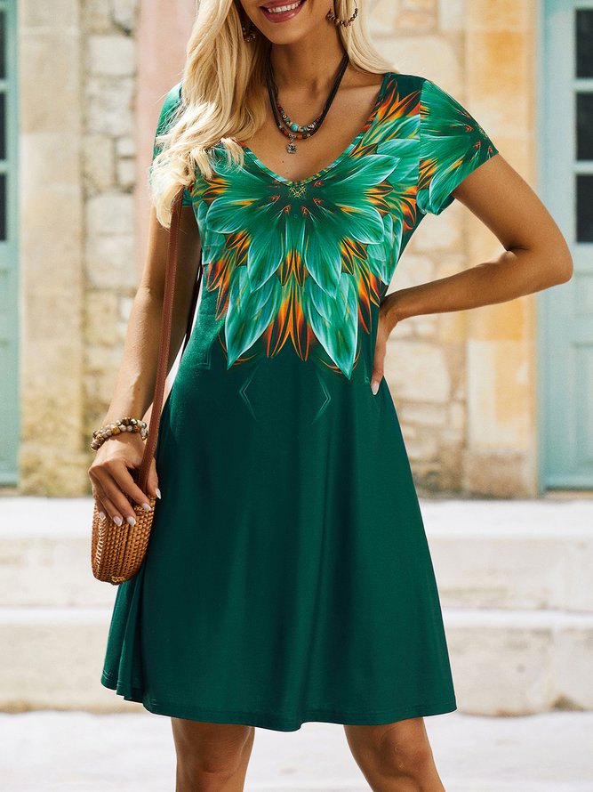 V Neck Loosen Short Sleeve Knit Dress