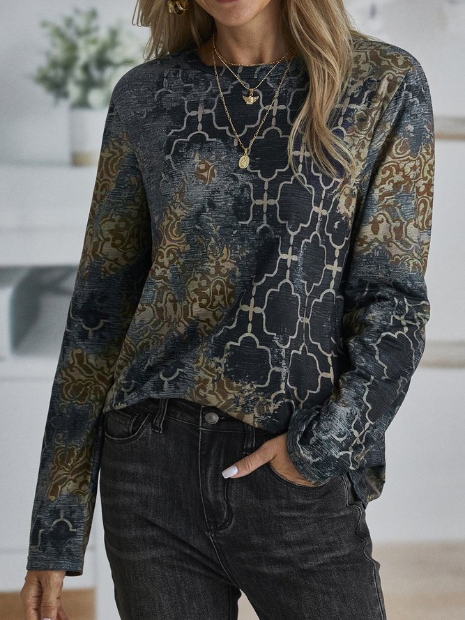 Casual Long Sleeve Crew Neck Printed Top