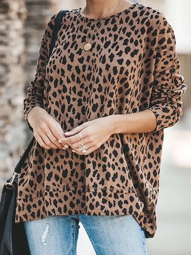 Leopard Round Neck Cotton Blends Casual Tops