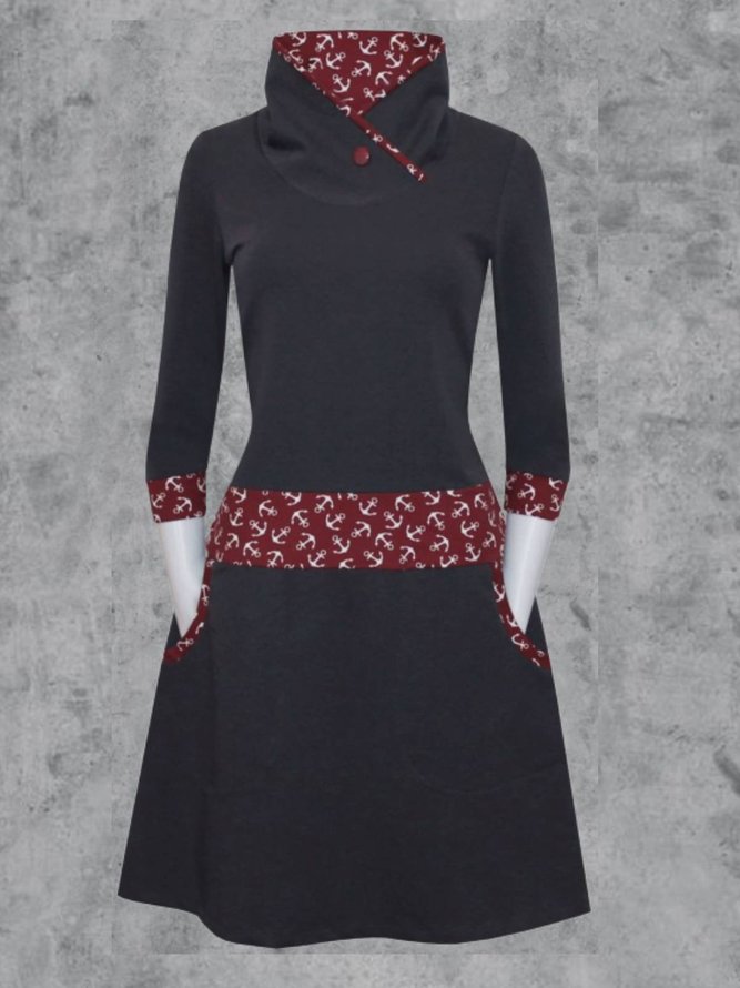 Color Block High Neck Cotton Blends Causal Dresses