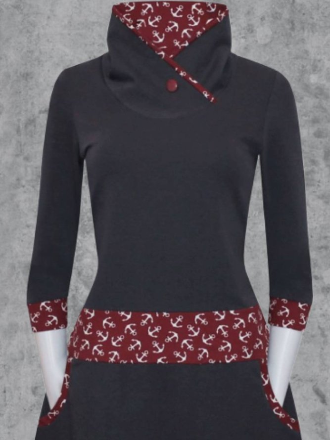 Color Block High Neck Cotton Blends Causal Dresses