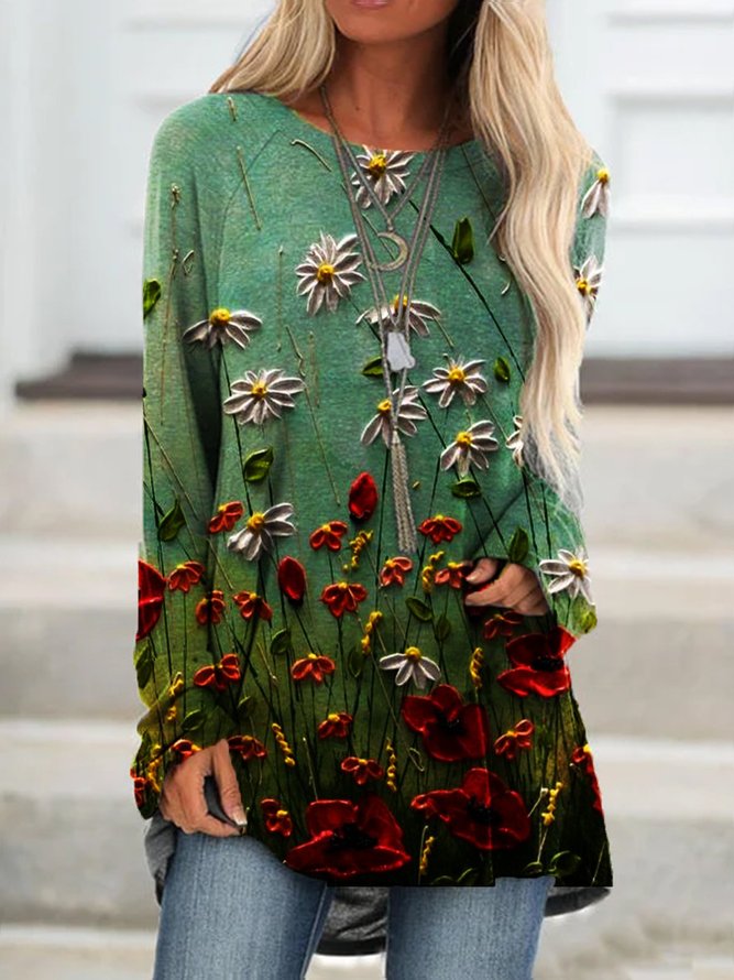 Floral Loosen Cotton Blends Sweatshirts &pullover