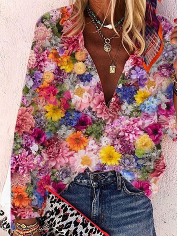 Printed Vacation V Neck Blouses