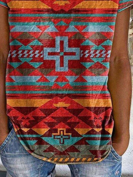 Geometric Loose Cotton-Blend V Neck T-shirt