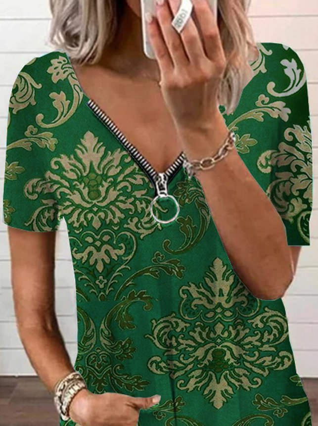 Cotton Blends V Neck T-shirt
