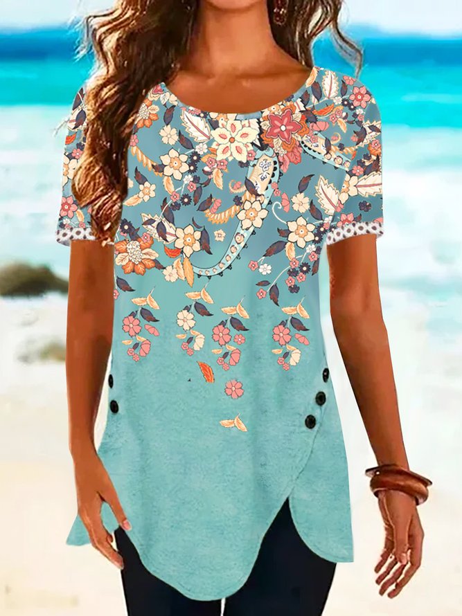 Vacation Floral Cotton Blends T-Shirts