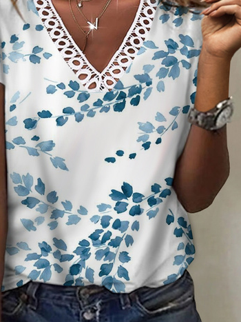 Loose Leaf Casual V Neck T-Shirts