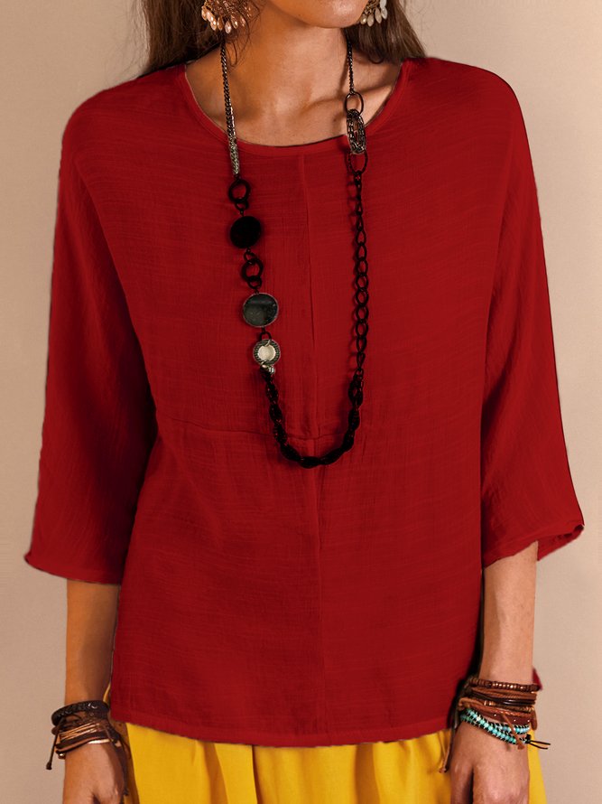 Linen Crew Neck Loose Blouses