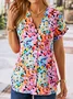 Floral V Neck Casual Short Sleeve Buttoned Blouse