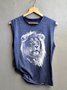 Vintage Sleeveless Statement Lion Printed Crew Neck Casual Vest Top