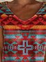 Geometric Loose Cotton-Blend V Neck T-shirt