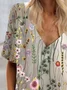 Casual Cotton-Blend V Neck Floral T-shirt