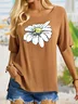 Summer casual retro small daisy printed short sleeve big round neck loose top