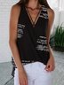 Letter Sleeveless  Printed  Polyester V neck  Casual  Summer  Black Top